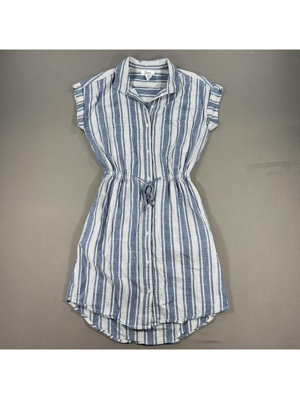 Japna Blue Cotton Dress Button Women XS Tie Elastic Waist Resort Beach Nautical